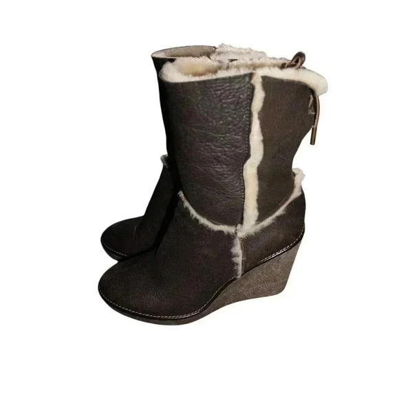 Moncler Brown Leather Merino Fur Boots Platform Wedge Booties 39 USA 8.5 - Picture 7 of 14